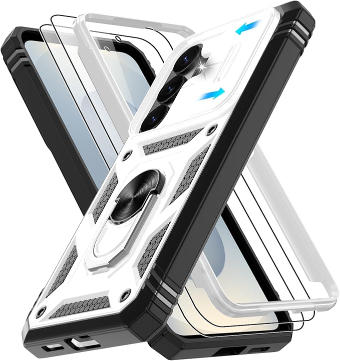 Gritup for Samsung Galaxy S26 Plus Case: 2*Screen Protector | Slide Camera Cover | Build in 360° Rotating Ring Kickstand | Military Grade Protective Cover for Samsung S 26 Plus, White+Black by Gritup