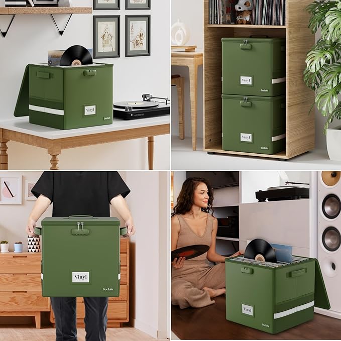 DocSafe Vinyl Record Storage Box with Lock, Fireproof＆Water Resistant Record Organizer for 100+ Single Records(12-inch), Collapsible Storage Crate with Lid&Handles for Valuable Album Collection,Green - Image 6