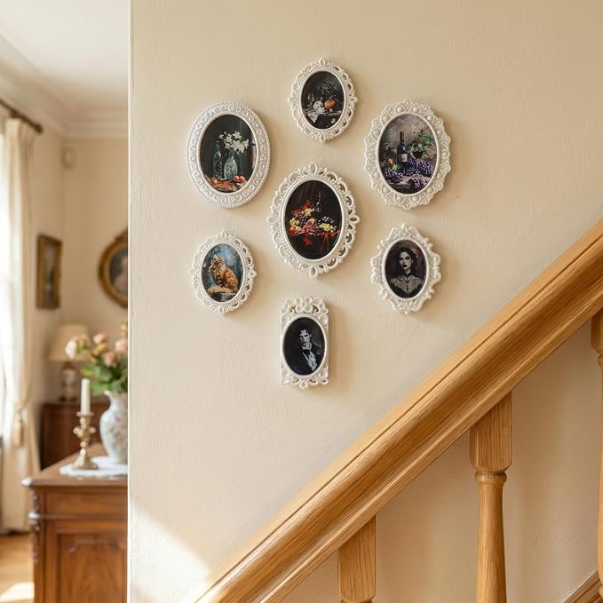 7pcs Mini Picture Frame,Small Vintage Picture Frame 1/12 Scale Accessory | White Oval, with 7 Pictures, Antique Tiny Photo Frame, for DéCor, Tabletop Wall Mount, Display - Image 6