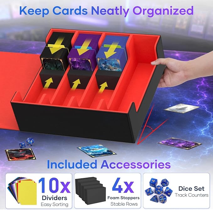 Mlikero Trading Card Storage Box, Bulk Card Storage for 2400+ Sleeved Cards, PU Leather Magnetic Closure Card Organizer with 10 Dividers & 4 Foam Stoppers, Fit for MTG, TCG and Sports Cards (Red) - Image 4