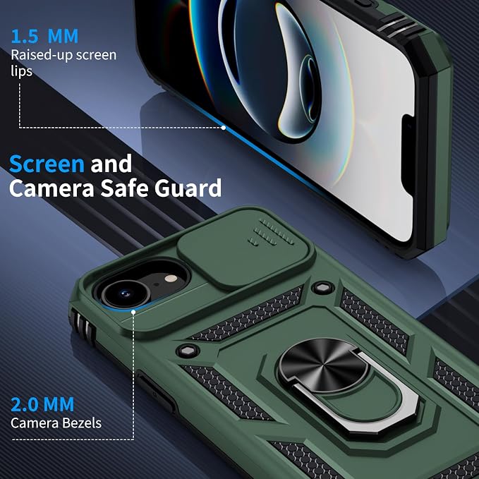 for iPhone 17e Case & iPhone 16e Case with 2X HD Screen Protector & Slide Camera Cover & Rotated Ring Kickstand, Rugged Heavy Duty Protective Phone Case for iPhone 17e/16e 6.1", Pine Green - Image 6