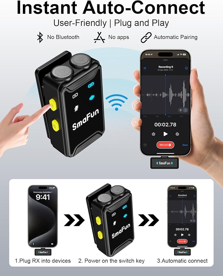 Wireless Microphone for iPhone Android, SmaFun TwinCast S2 Lavalier Microphone, 2 Mics 2 Receivers with Lightning USB-C, Noise Cancelling Clip On Mic, 48H Charging Case, 328FT for Video TikTok YouTube - Image 5