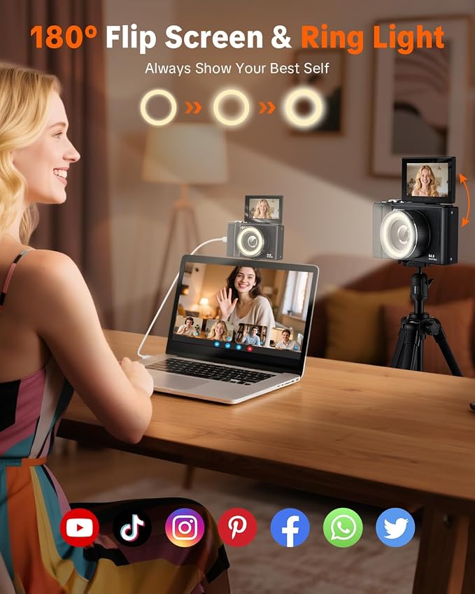 W & O 4K Digital Camera for Photography,180°Flip Screen Kids Digital Camera | 64MP Vlogging Camera for YouTube with SD Card,16X Zoom Autofocus,Point and Shoot digital cameras for Teens Beginner,Black - Image 2