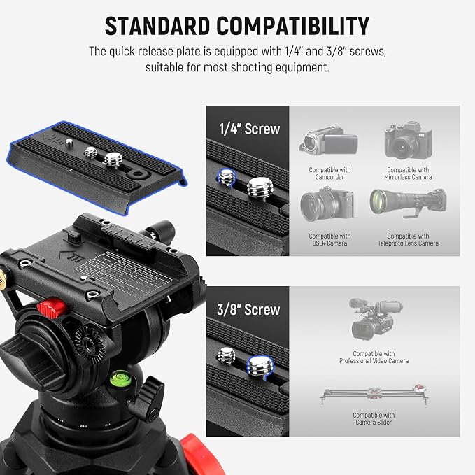 NEEWER Video Tripod with Fluid Head, Heavy Duty Aluminum Compact Portable Camera Tripod Stand for DSLR Camcorder Compatible with DJI Gimbals Compatible with Manfrotto QR Plates, Max Load 13.2 lb, TP73 - Image 7