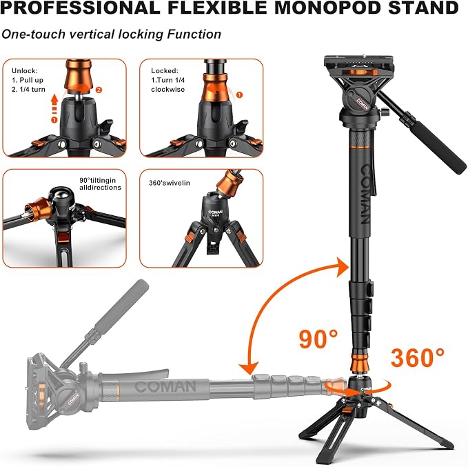 Professional Camera Monopod with Feet, 73.2 inch Aluminum Portable Travel Video Monopod with Removable Tripod Stand Base, Max Load 22 Lbs, New Q6 Fluid Head for DJI RS4 Manfrotto, KX3232Q6 - Image 4