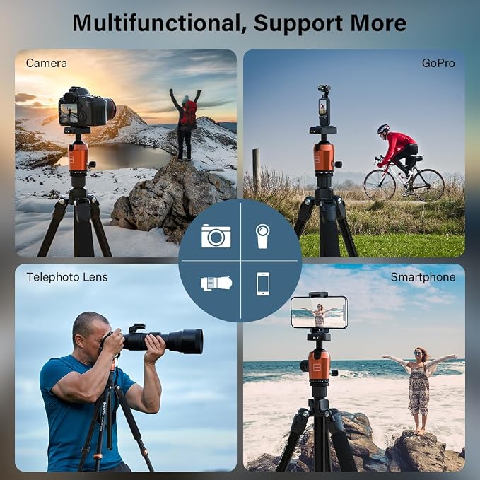 73-Inch Camera Tripod - Lightweight DSLR Tripod with 360° Ball Head & Quick Release Plate, Supports Up to 33.07 lbs, Portable for Travel & Outdoor Photography - Image 5