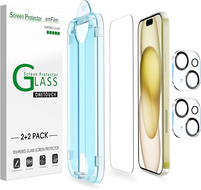 amFilm OneTouch for iPhone 15 Screen Protector 6.1'' Tempered Glass | Auto-Alignment, 30s Install, Bubble Free, Scratch & Drop Protection, HD Clear, Camera Lens Protector[2+2 Pack] (15-6.1'') by amFilm