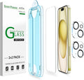 amFilm OneTouch for iPhone 15 Screen Protector 6.1'' Tempered Glass | Auto-Alignment, 30s Install, Bubble Free, Scratch & Drop Protection, HD Clear, Camera Lens Protector[2+2 Pack] (15-6.1'') by amFilm