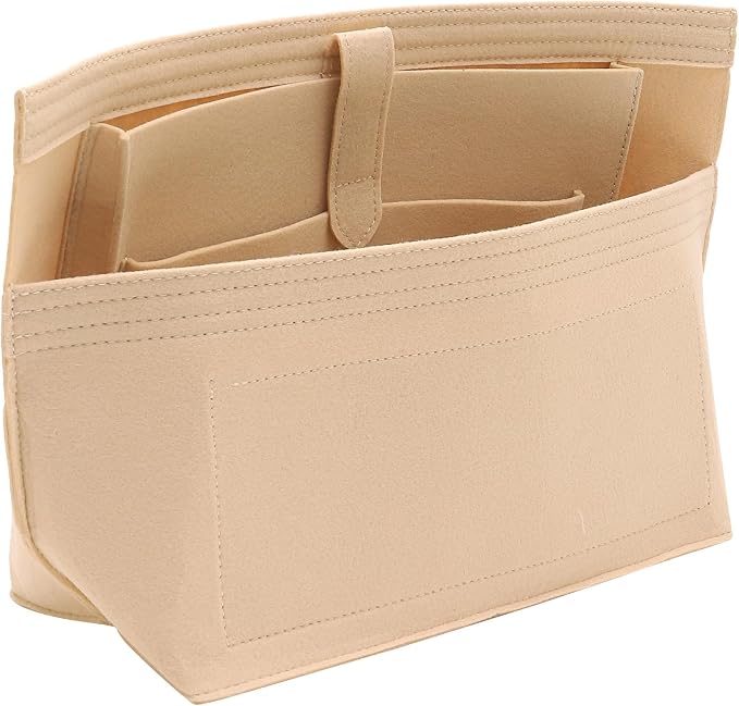 Doxo Purse Organizer Insert for Handbags, Felt Neverfull MM Organizer Insert with Laptop Compartment, Tote Bag Organizer with Zipper Pocket and Bottle Holder, Fit Neverfull MM and More, Beige-L by Doxo