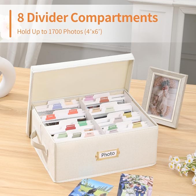 Aokeyee Photo Storage Box Holds 3400+ 4x6 Pictures | Photo Organizer Box, 8 Dividers, 24 Paperboard, with Blank Label - Image 2