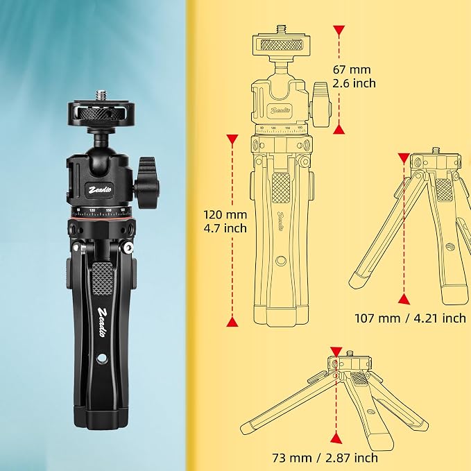 Zeadio Metal Camera Mini Tripod, with 1/4" Screw Ball Head Mount, Adjustable Heights Desktop Vlog Stand for Smooth 4 Osmo Mobile Ronin-S Vimble 2 Gimbal Handle Grip Stabilizer and All Cameras - Image 5