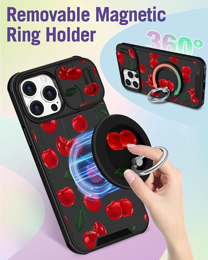 Buleens for iPhone 15 Pro Max Case 6.7 Inch - with Ring Stand & Camera Cover Aesthetic Cute Designed Women Girls Girly Kawaii Pretty Cherry Phone Case for iPhone 15 Pro Max Compatible with Magsafe - Image 5