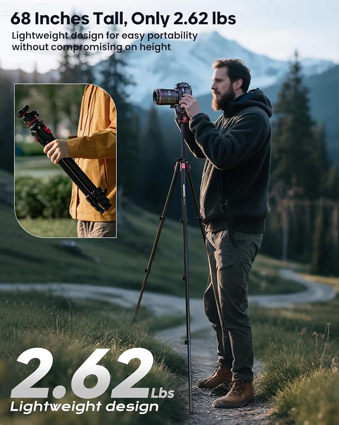 CAMBOFOTO 68" Travel Tripod for Camera Phone Camcorder, Ball Head, Aluminum | Portable Tripod Stand with Phone Holder & QR Plate, Compatible with iPhone Video Recording DSLR Mirrorless Film, Load 8.8lbs - Image 4