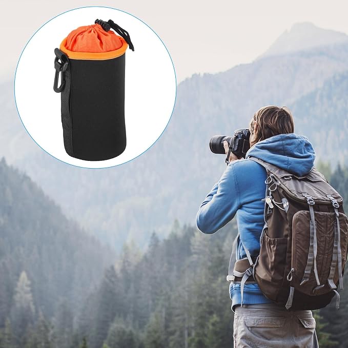 PATIKIL Camera Lens Bag, 2 Pcs 3.7" ID x 7.1" H Cylindrical Drawstring Lens Pouch with Thick Protective Neoprene, Lens Case for DSLR Camera Lens, Water Coffee Cups Black, Orange - Image 7