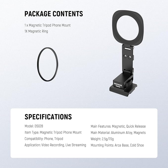 NEEWER Magnetic Phone Tripod Mount Compatible with MagSafe iPhone 17, Cell Phone Holder with Arca Quick Release Baseplate & Cold Shoes for TikTok Video Recording Selfie Live Streaming Vlogging, DS028 - Image 8