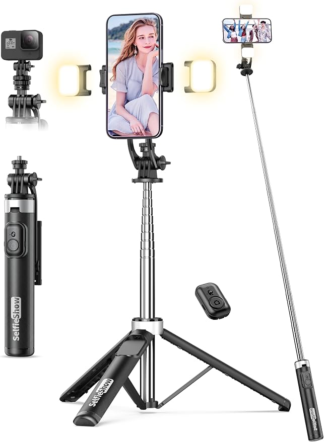 53'' Selfie Stick Tripod with Light, Extendable Selfie Stick with Remote, Portable Cell Phone Tripod Stand with All in 1 Phone Clip, Lightweight Camera Tripod Compatible with iPhone 17 16 15, Android by SelfieShow