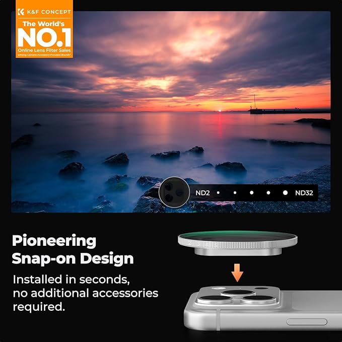 K&F CONCEPT Snap-On ND2-32 Filter Compatible with iPhone 17 Pro & Pro Max | 11.2g Ultra-Lightweight Variable ND Lens Filter with Snap-on Deco Mount, AGC Glass 28-Layer Coating, FA301 - Image 2