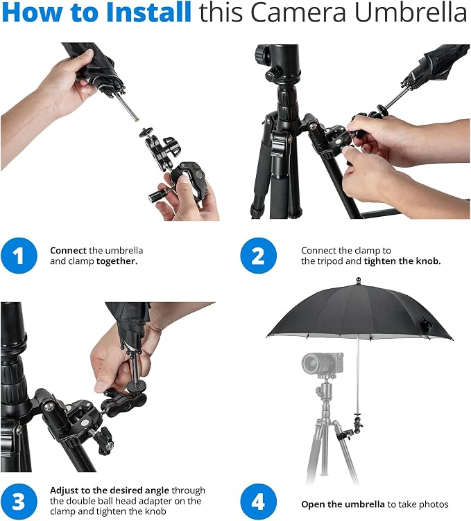 25.6" Camera Tripod Umbrella with Super Clamp for Mirrorless Camera Xbotgo | 360° Adjustable,Weather Guard Umbrella Sunshade,for Canon Nikon Sony Fujifilm Xbotgo Falcon Cameras Outdoor Photographing - Image 4