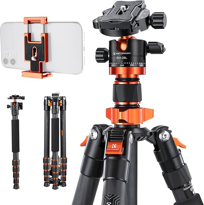 K&F Concept 68" Carbon Fiber Camera Tripod, Metal Ball Head for DSLR | 22lbs Load, Detachable Monopod, Compact Tripods with Phone Mount, Quick Release Plate, O255C4+BH-28L by KFCONCEPT