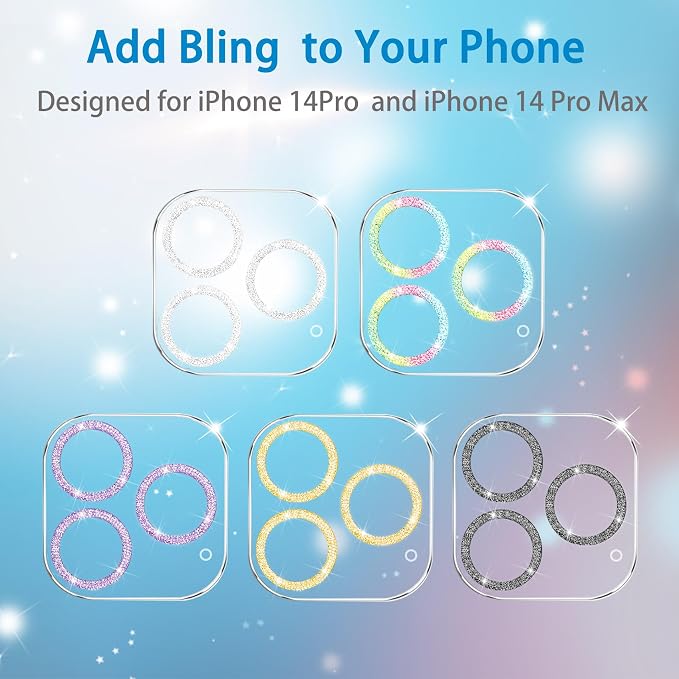 3 Pack Dengduoduo Tempered Glass Camera Lens Protector for iPhone 14 Pro 6.1" & iPhone 14 Pro Max 6.7", Glitter Bling Diamond, Ultra HD, 9H Hardness, Anti-Scratch, Case Friendly, Easy to Install [No Affect on Night Shots] - Image 6