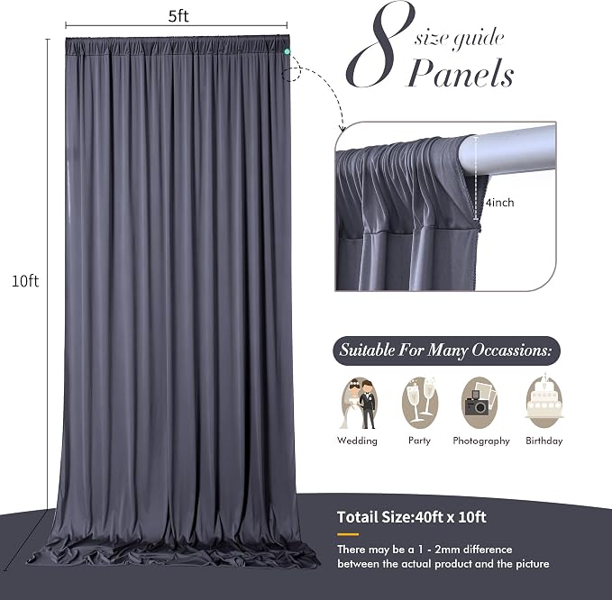 40 ft x 10 ft Wrinkle Free Charcoal Backdrop Curtain for Parties, Dark Grey Polyester Photo Backdrop Drapes for Baby Shower Wedding Engagement Birthday Party Backdrop Stand, 8 Panels 5ft x 10ft - Image 6