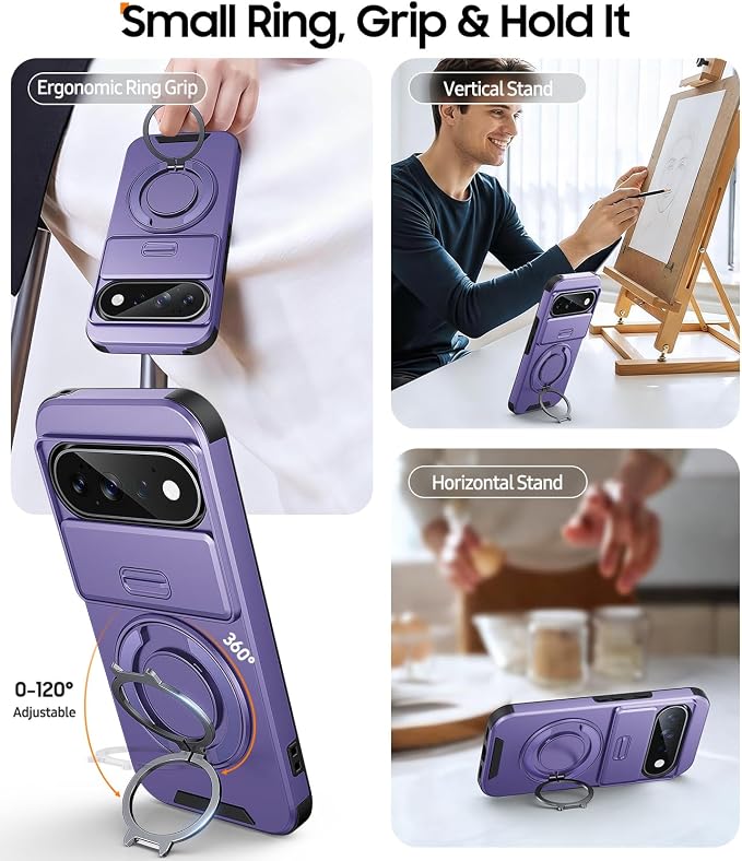 JAME for Google Pixel 10/10 Pro/11/11 Pro Case, Stand & Slide Camera Cover | Ring Holder Kickstand, Screen Protectors, Dual-Layer Shockproof Protective, Magnetic Accessory Friendly Phone Case, Purple - Image 3
