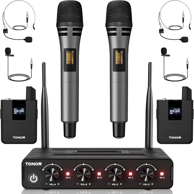 TONOR Wireless Microphone System, Handheld Mic Set with Headset/Lapel Mics | Lavalier Mic with Bodypack Transmitter, Receiver, 60 m/200ft Range Compatible with PA Speaker, for Karaoke, Singing, Church by TONOR