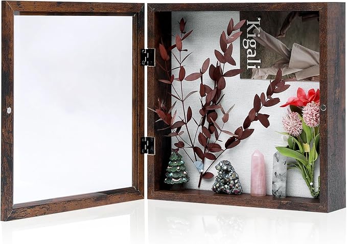 Muzilife 11x11 Shadow Box Picture Frame, 2.16 Deep, Real Glass, Honey Brown | FSC-Wood, Magnetic Door, Linen Interior & Pins, Vertical, Horizontal Wall Hanging, Display Case Frame for Photos & Keepsakes by Muzilife