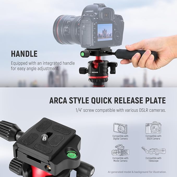 NEEWER BASICS Camera Tripod Monopod, 77" Compact Lightweight Travel DSLR Video Stand 360° Ball Head, Arca Type QR Plate, Reversible Legs, Inverted Central Axis & 2 Cleaning Cloths, 13lb Max Load, TP08 - Image 7