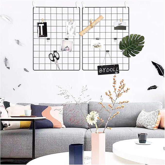 C&AHOME Photo Wall Display Set of 2, Wall Grid Panel, 17.7" x 25.6", Black | Photo Display Shelves, Wall Storagae Organizer, Hooks, Clips, Hemp Cord, Hammer - Image 7