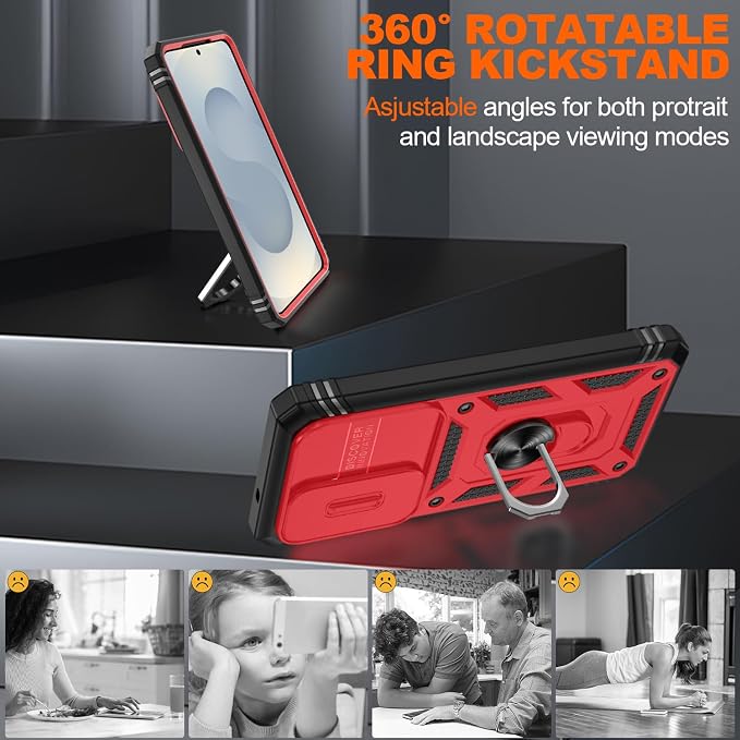 Gritup for Samsung Galaxy S26 Plus Case: 2*Screen Protector | Slide Camera Cover | Build in 360° Rotating Ring Kickstand | Military Grade Protective Cover for Samsung S 26 Plus, Red+Black - Image 8