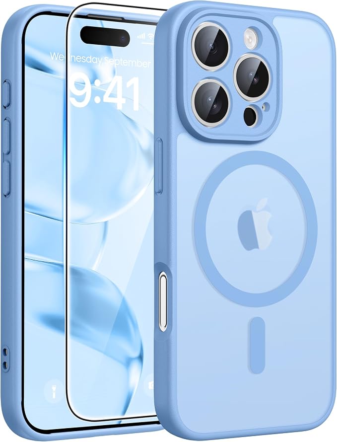 FNTCASE for iPhone 16 Pro Case, Fit for Magsafe, with Screen Protector | Full Camera Protection, Translucent Matte, 14FT Military Grade Drop Proof, Shockproof Protective Phone Cover, Light Blue by FNTCASE