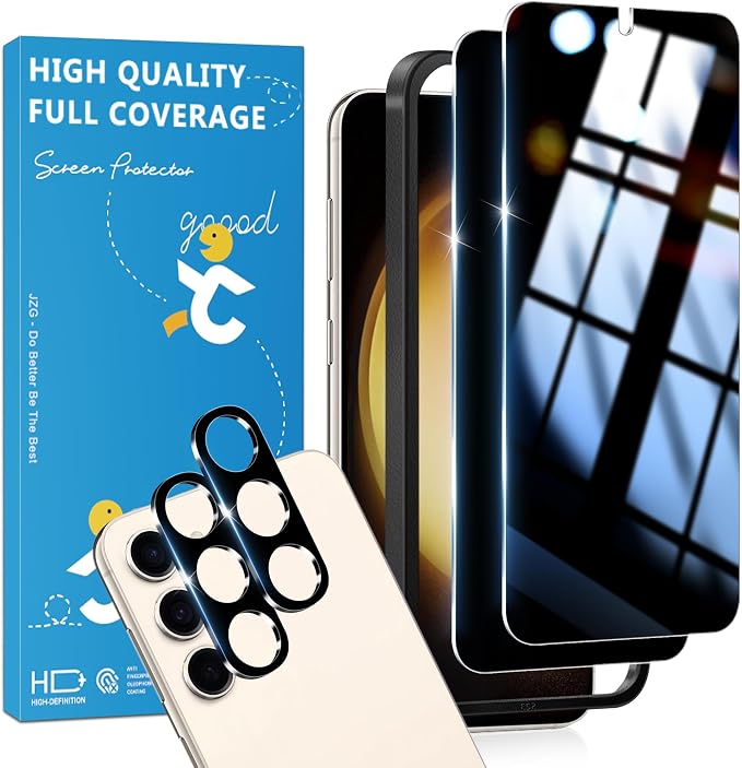 2+2 Pack for Samsung Galaxy S23 Plus Privacy Screen Protector | Camera Lens Protector, Auto-Alignment Tool, Ultrasonic Fingerprint Unlocking, 9H Tempered Glass, Anti-Spy, Case Friendly by JavoYion