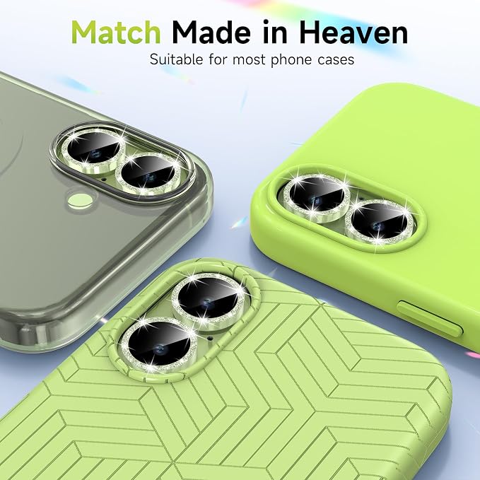 YWXTW Camera Lens Protector for iPhone 17, Individual Bling Glitter Metal Ring Tempered Glass Camera Screen Protector for iPhone 17 Accessories, Case Friendly (Glitter Green) - Image 6