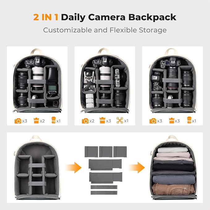 K&F CONCEPT Camera Backpack, DSLR/SLR/Mirrorless Photography Camera Bag | 14in Laptop Compartment & Rain Cover, 600D Fabric for Travel & Daily, Men & Women, Dual-Mode Detachable Dividers, Beige, B19 - Image 4