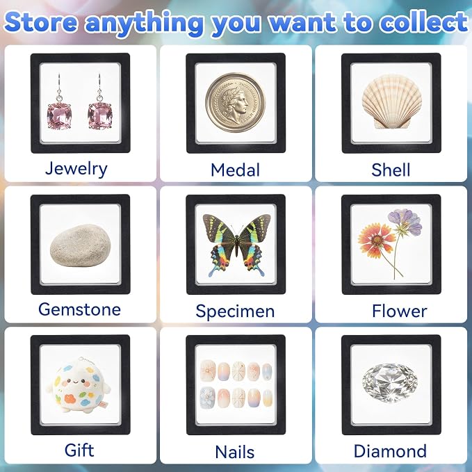 12 Pcs 3D Floating Frame Display Stand, Transparent Jewelry Gift Boxes | 2.75 x 2.75 x 0.8 Inch Small Jewelry Gift Boxes with PE Film, for Earrings Necklaces Rings Coins Specimens Crafts, Black - Image 6