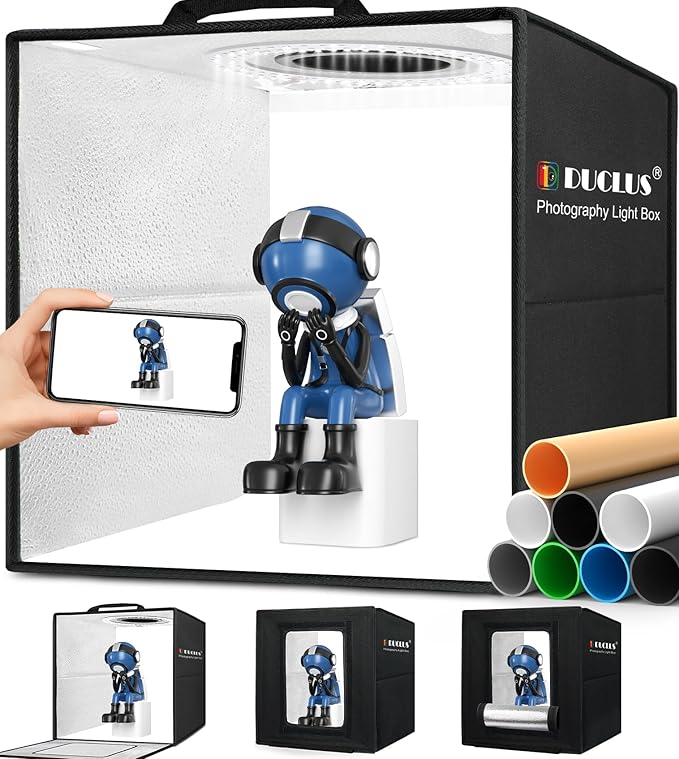 Light Box Photography, 12"x12" Photo Booth Box with 120 LED Lights Dimmable & CRI＞95, Portable Lightbox with 8 Backdrops for Mini Product Photography: Jewelry, Cards, Watches by DUCLUS