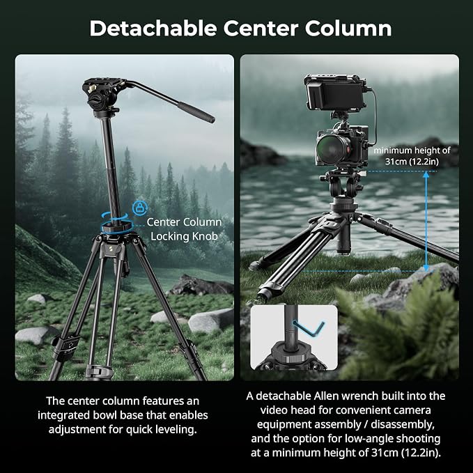 SmallRig AD-50Pro Heavy Duty Video Tripod, Carbon Fiber Lightweight Tripod with FreeSpeed One-Step Height Adjustment, Fluid Head, Dual-Mode QR Plate, Center Column, Weight 7lb, Load up 13.2lb - Image 6