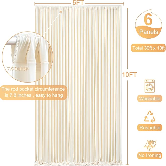 6 Panels Champagne Backdrop Curtain for Parties Wedding Baby Shower Wrinkle Free Photo Curtains Backdrop Drapes Fabric Decoration for Bridal Shower 30ft(W) x 10ft(H) - Image 5