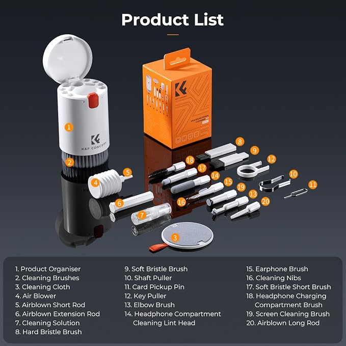 K&F CONCEPT 20-in-1 Keyboard Cleaning Kit for Phone, Camera, PC, Earphone | Suitable For Multiple Devices,Lens Pen And Blower Remove Dirt, Screen Cleaner and Pin, Disinfect, Anti-Static, Degrease,MM03 - Image 8