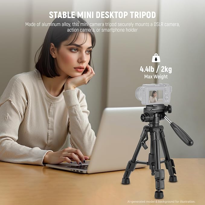NEEWER Basic Mini Desk Tripod for Camera with 3 Way Pan Tilt Head & Handle, Small Portable Metal Tabletop Selfie Stick Stand with 1/4" Screw for DSLR Vlog Video Recording, Max Load 13.2lb, TP02 - Image 2