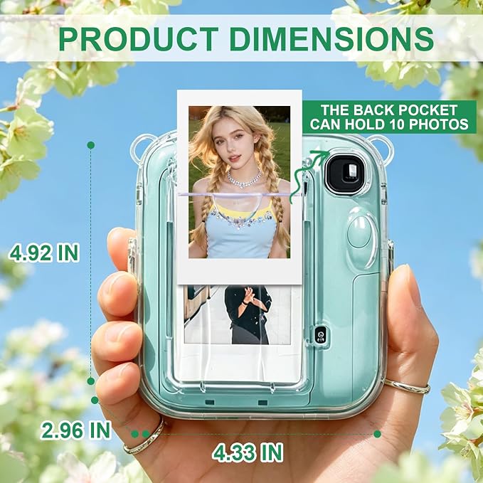 Clear Camera Case for Fujifilm Instax Mini 13, Green Camera Strap | Protective Cover with Anti-Accidental Shutter, 4 Composition Cards, Photo Storage Holds 10 Films,Clear Hard Shell, No Camera - Image 2