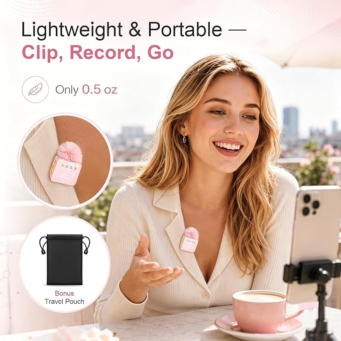 2 Mini Wireless Lavalier Microphones for iPhone & Android, Noise Cancelling, Plug & Play, 60H Battery with Charging Case, Portable Lapel Mic for Content Creators, Podcast, Streaming (Pink) - Image 6