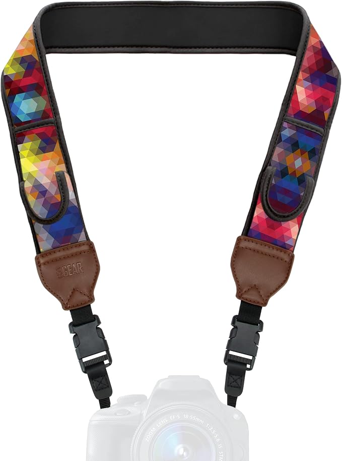 USA Gear TrueSHOT Camera Strap Neoprene Camera Straps - Padded Neck Strap, Pockets, and Quick Release Buckles - Compatible with Canon, Nikon, Sony and More DSLR and Mirrorless Cameras (Geometric) by USAGEAR