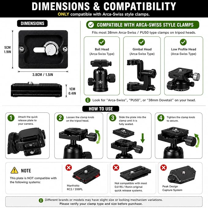Frienda Quick Release Plate Tripod 1/4-20 DSLR,Pu50,Black | Tripod Mount Plate, Camera Tripod Mount for DSLR Camera Tripod Ball Head , Metal, 1.9 x 1.5 x 0.4 Inch - Image 2