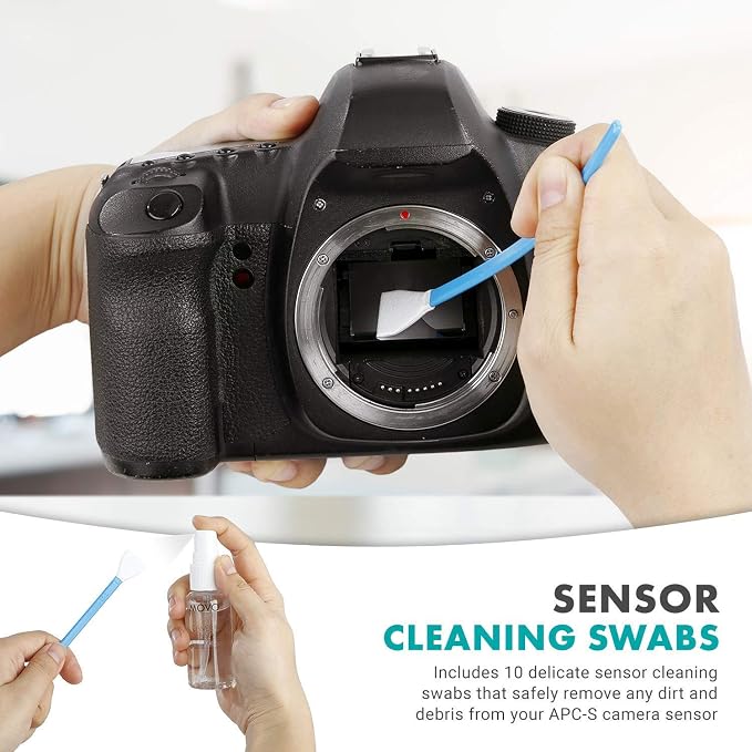 Movo Deluxe Essentials DSLR Camera Cleaning Kit with 10 APS-C Cleaning Swabs, Sensor Cleaning Fluid, Rocket Air Blower, Lens Pen, Soft Brush, 2X Small and 2X Large Microfiber Cloths and Carrying Case - Image 3