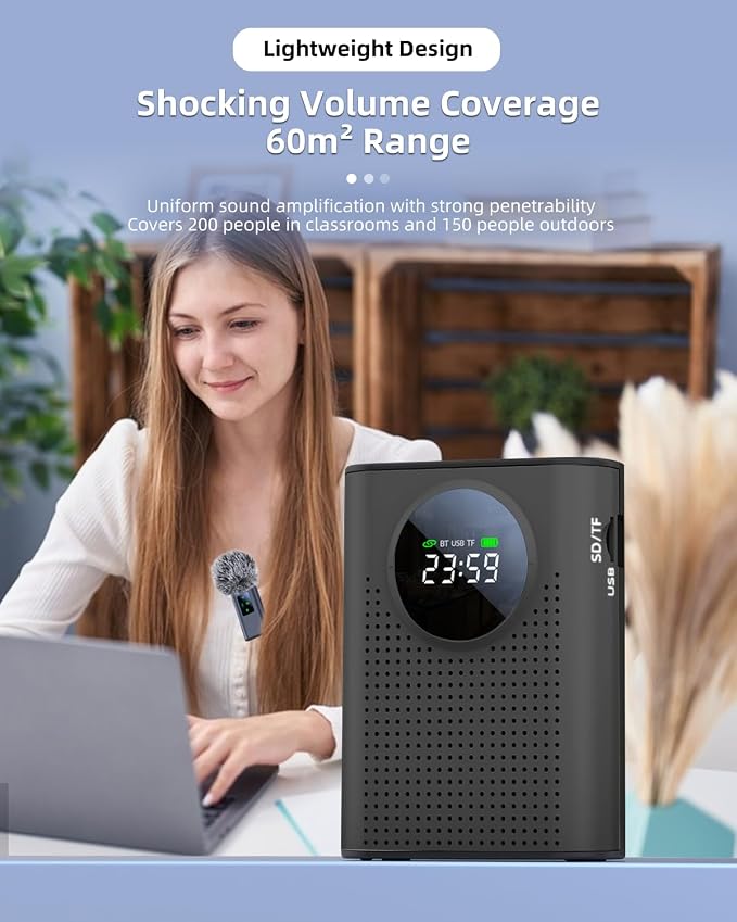 S67 Rechargeable Voice Amplifier Wireless Microphone for Teachers Classroom, Mini Lavalier Lapel Mic Clip Magnetic, Portable Bluetooth Speaker with LED Display for Class, Tour Guide, Black - Image 9