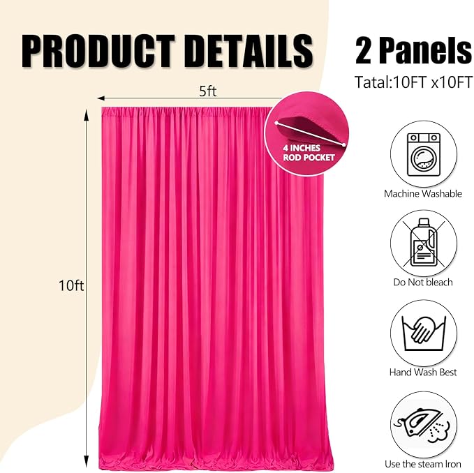 10ft x 10ft Fuchsia Backdrop Curtains for Parties, Polyester Fabric Backdrop Drapes with Rod Pockets for Weddings, Birthday, Halloween, Photography, Christmas Party Background Curtain, 2 Panels - Image 2