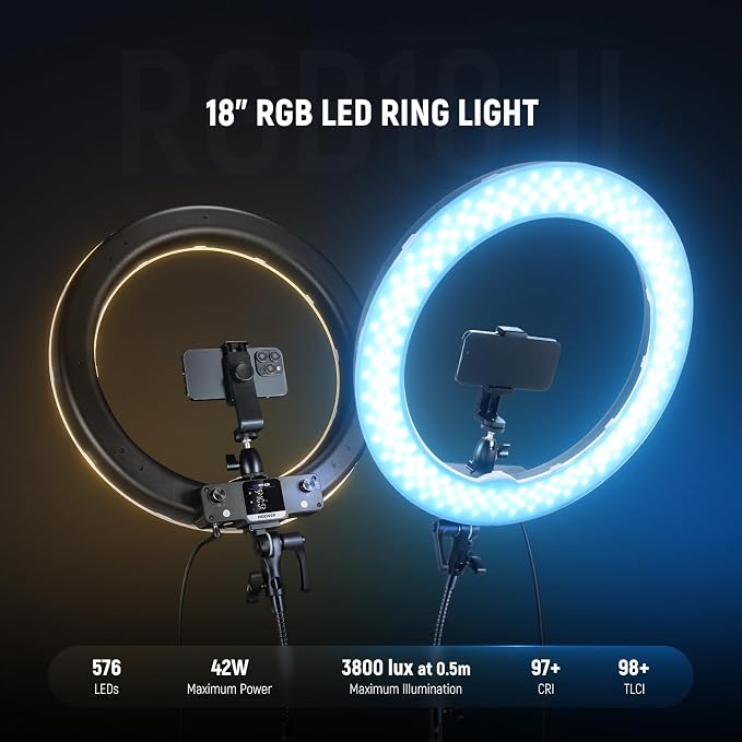 NEEWER 18 Inch RGB LED Ring Light APP Control with Tripod Stand and Phone HolderCompatible with iPhone for Selfie Makeup Lash Studio Streaming Video Recording Lighting, 42W Ringlight Dimmable,RGB18 II - Image 2