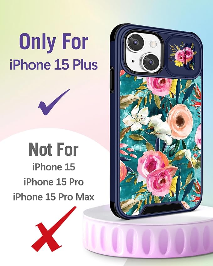 Buleens for iPhone 15 Plus Case 6.7 Inch - with Ring Stand & Camera Cover Aesthetic Cute Designed for Women Girls Girly Pretty Lake Blue Flowers for iPhone 15 Plus Phone Case Compatible with Magsafe - Image 2